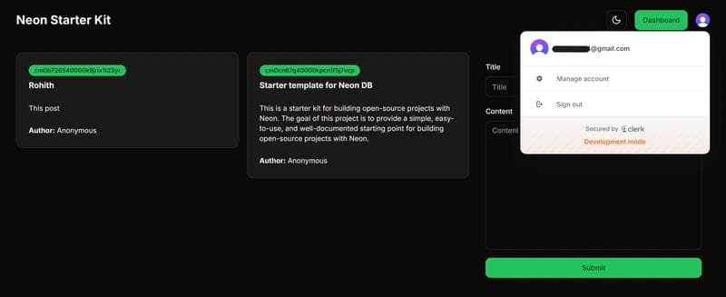 Dashboard for Neon Starter Kit